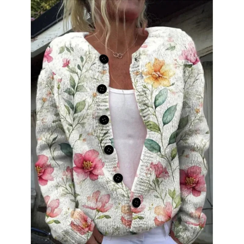 Digital printing cardigan knitted coat with 3D effect pattern in yellow, front view, on a plain background