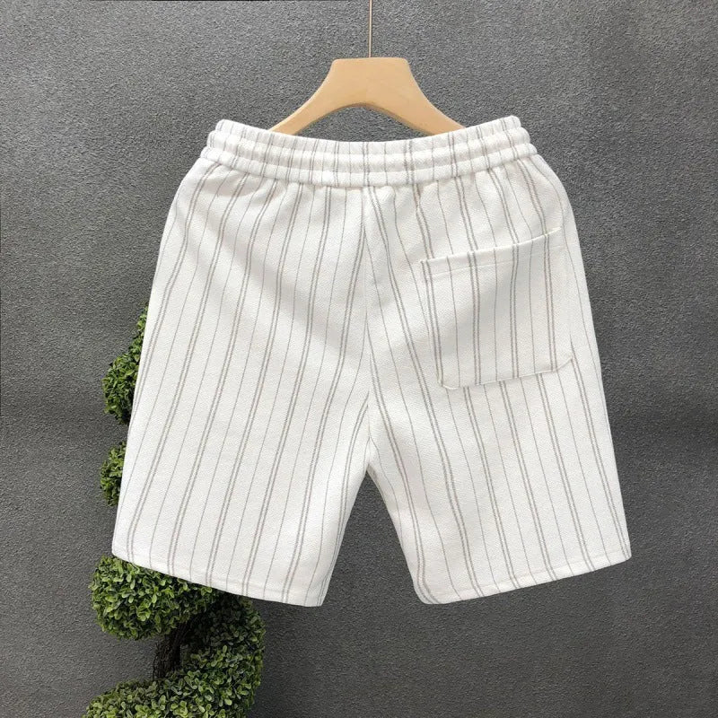 Men's black and white striped fleece-lined casual shorts with straight leg and ankle banding