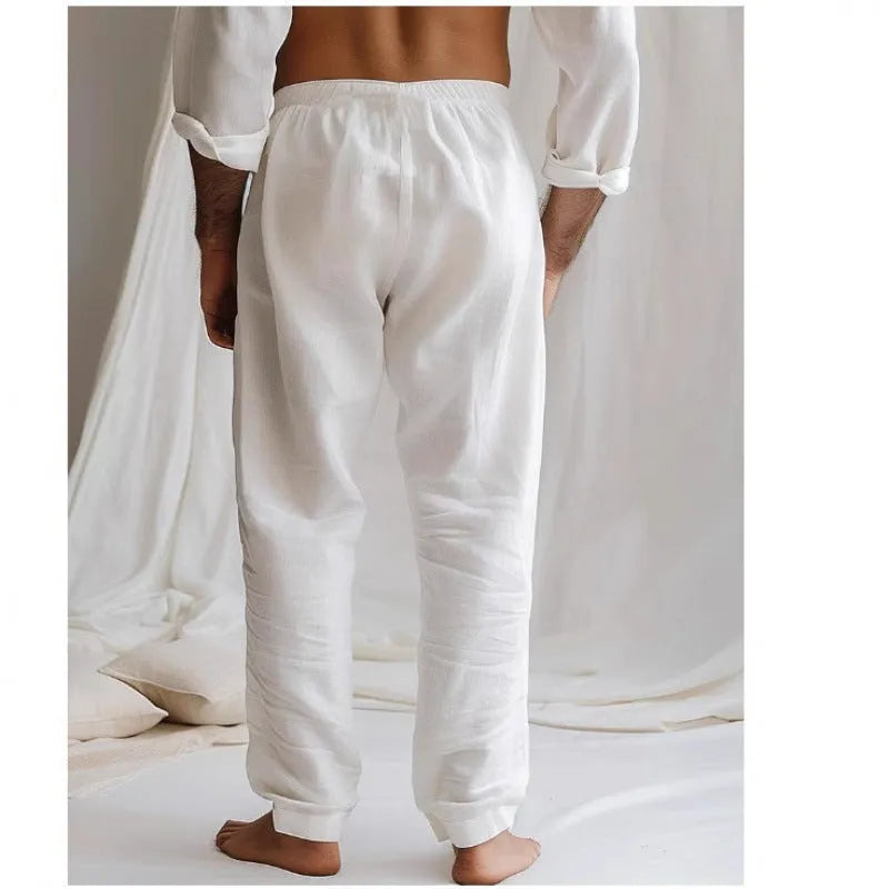 Summer men's cotton linen trousers in khaki, loose fit with elastic drawstring waist, straight leg