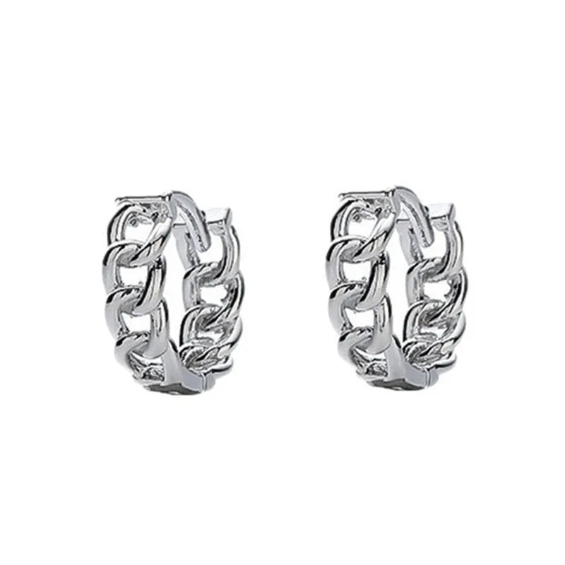 Simple geometric men's silver-tone earrings on a plain background showing front and side views.