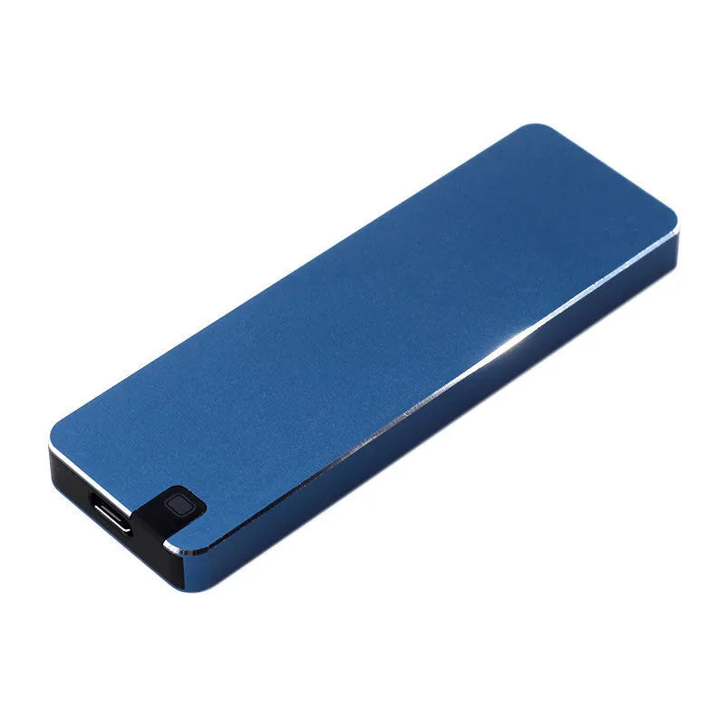 Portable solid state drive with metal shell in white finish showing USB 3.1 connector