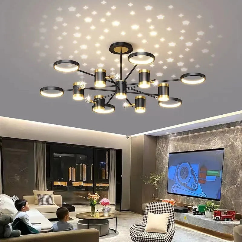 Black iron pendant lamp with 13 light heads and remote control for 15-30 square metre rooms