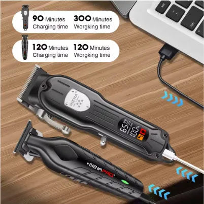 Professional hair clipper set black with LCD display, carbon steel blade, and foil shaver on black background