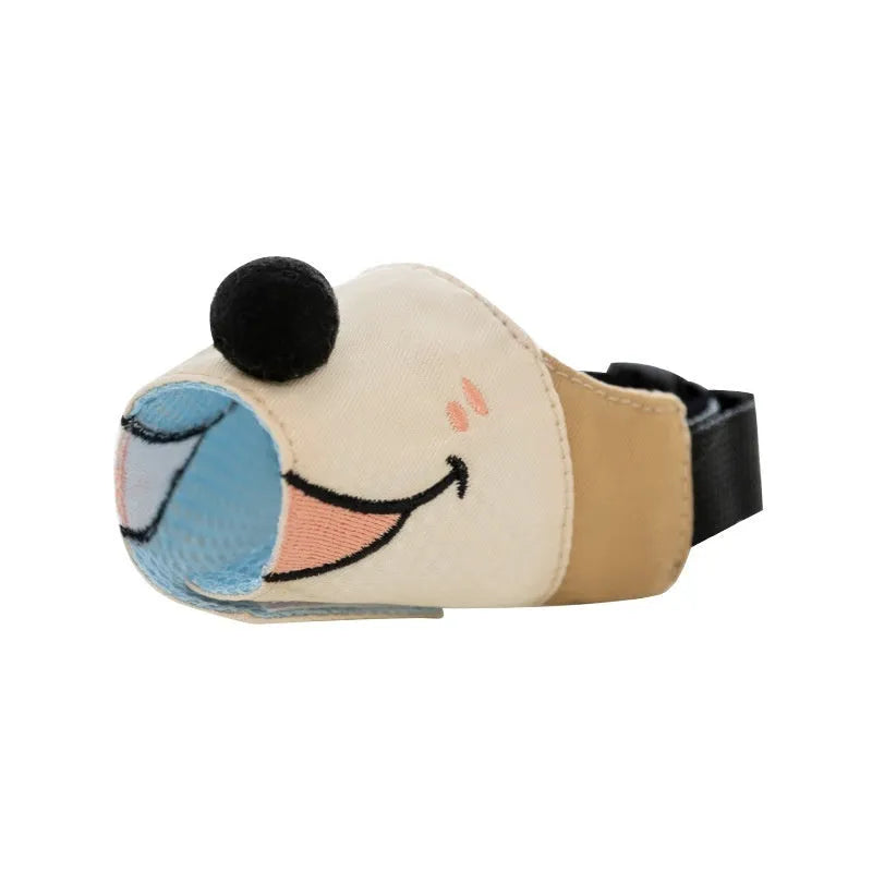 Canvas dog muzzle in Ollie brown bear pattern shown in S, M, L, and XL sizes for bite prevention.