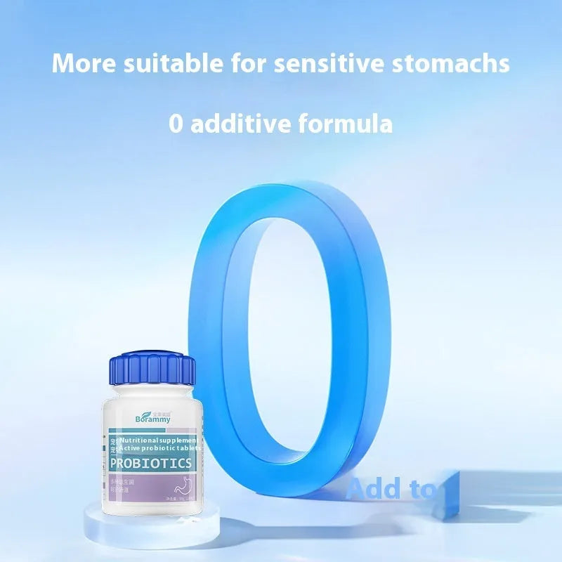 Bottle of 180 pet probiotic chewable tablets for dog and cat digestive health