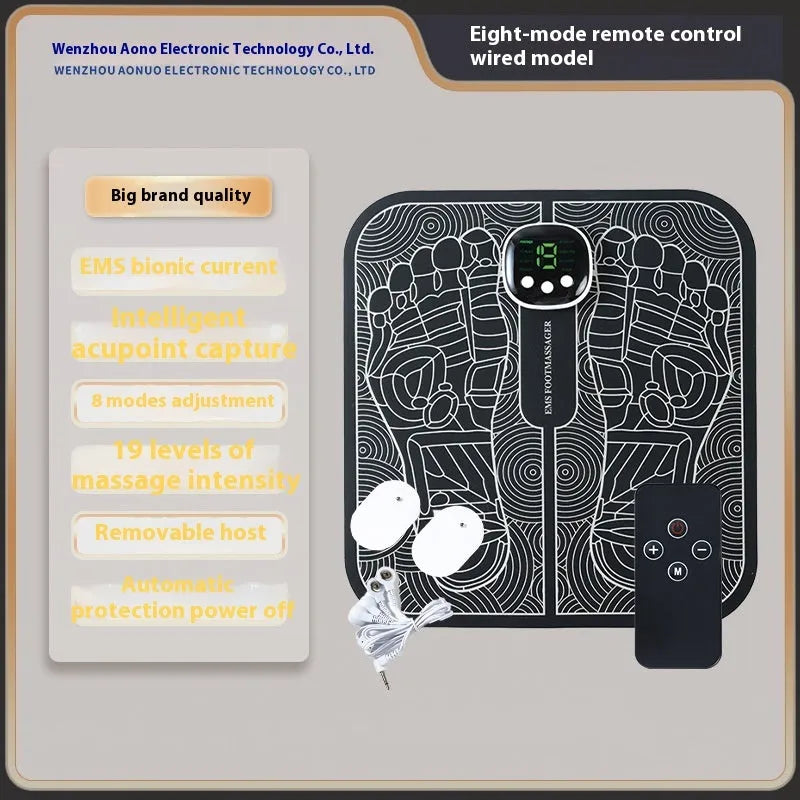 Blue USB-rechargeable foot massager mat with remote control on a wooden floor.