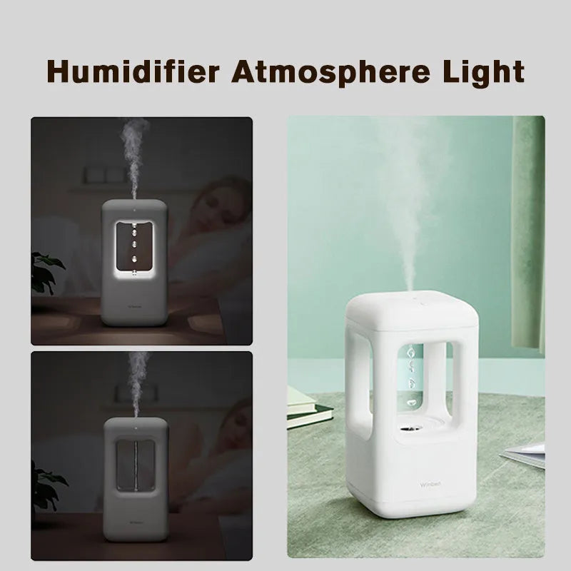 White anti-gravity water drop humidifier with ambient light on bedside table