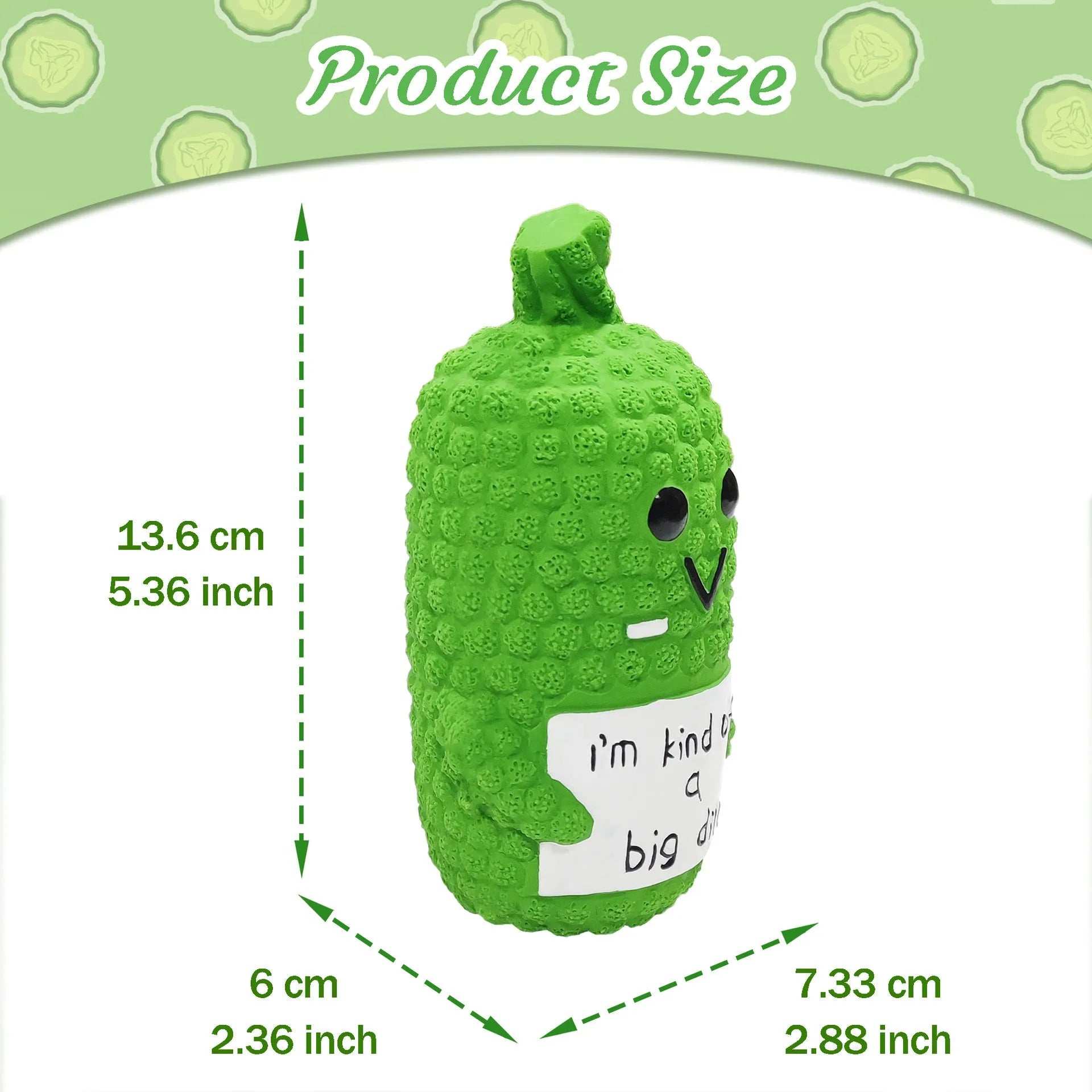 Green pickle-shaped latex dog toy with textured nubs and a squeaker inside.