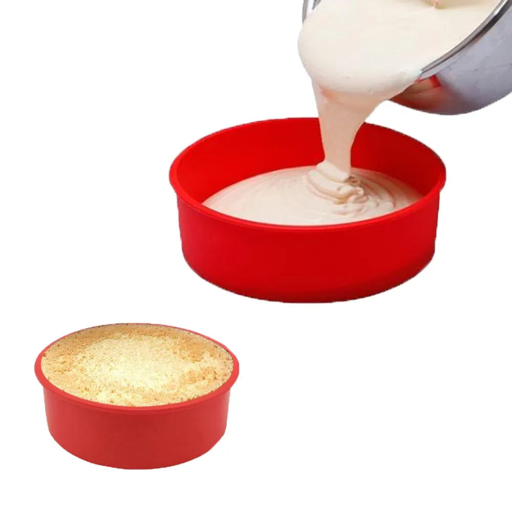 Round red silicone cake mould 8 inch 20cm diameter on baking tray