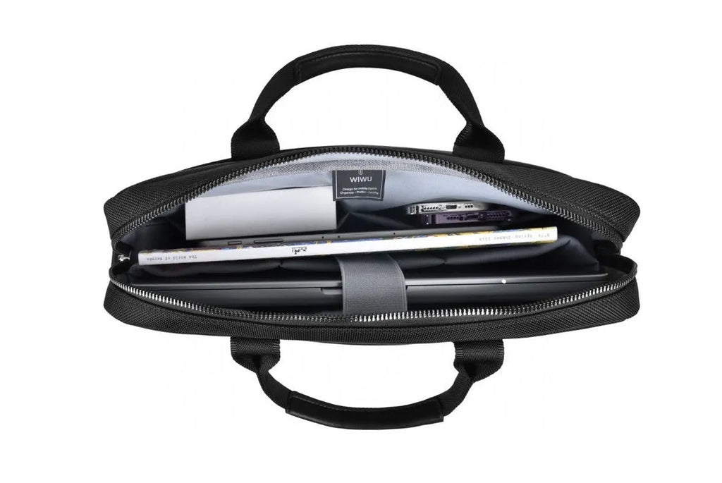 Black Oxford cloth laptop backpack showing multiple pockets and a separate padded compartment for a computer.