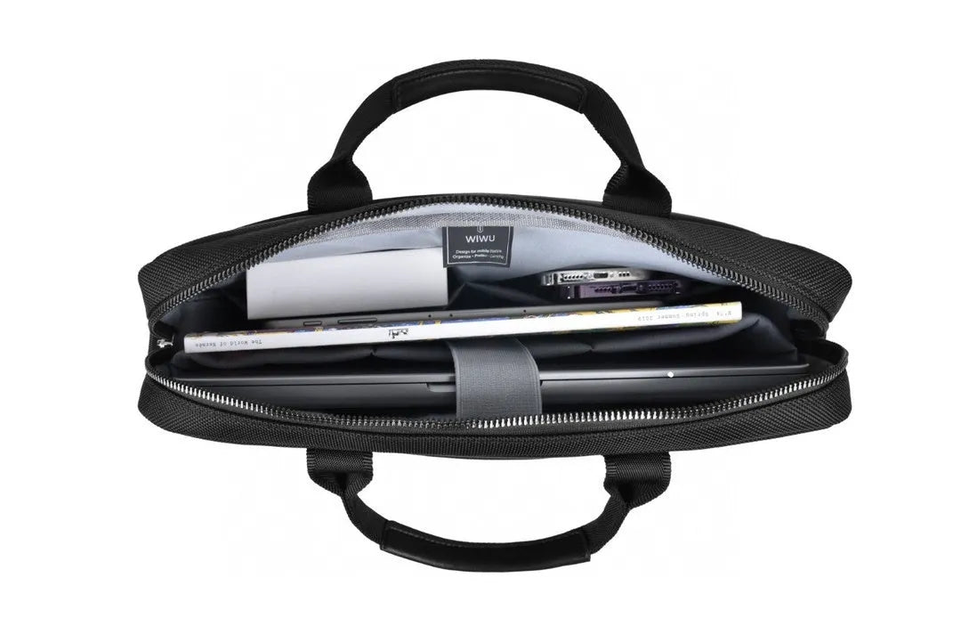 Black Oxford cloth laptop backpack showing multiple pockets and a separate padded compartment for a computer.