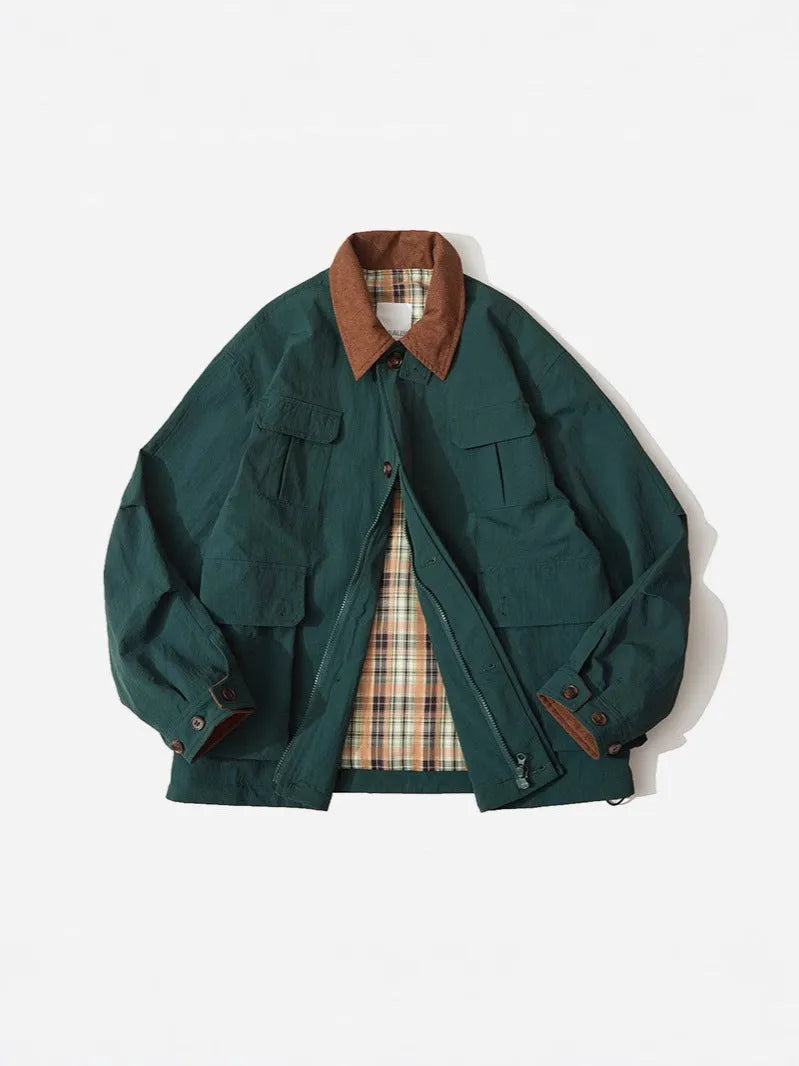 Green and apricot contrast colour casual jacket with side seam pockets and regular long sleeves