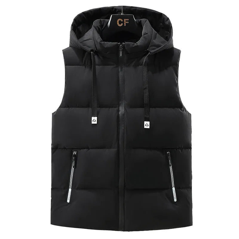 Men's warm thickened solid colour polyester vest with removable cap and straight hem, in blue or black, front view