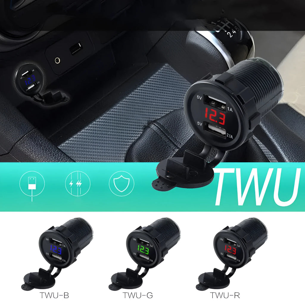 Waterproof motorcycle car charger with USB output and snap-on fitting