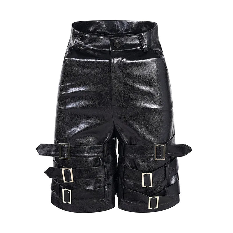 Black men's leather shorts with ring detail and cropped design
