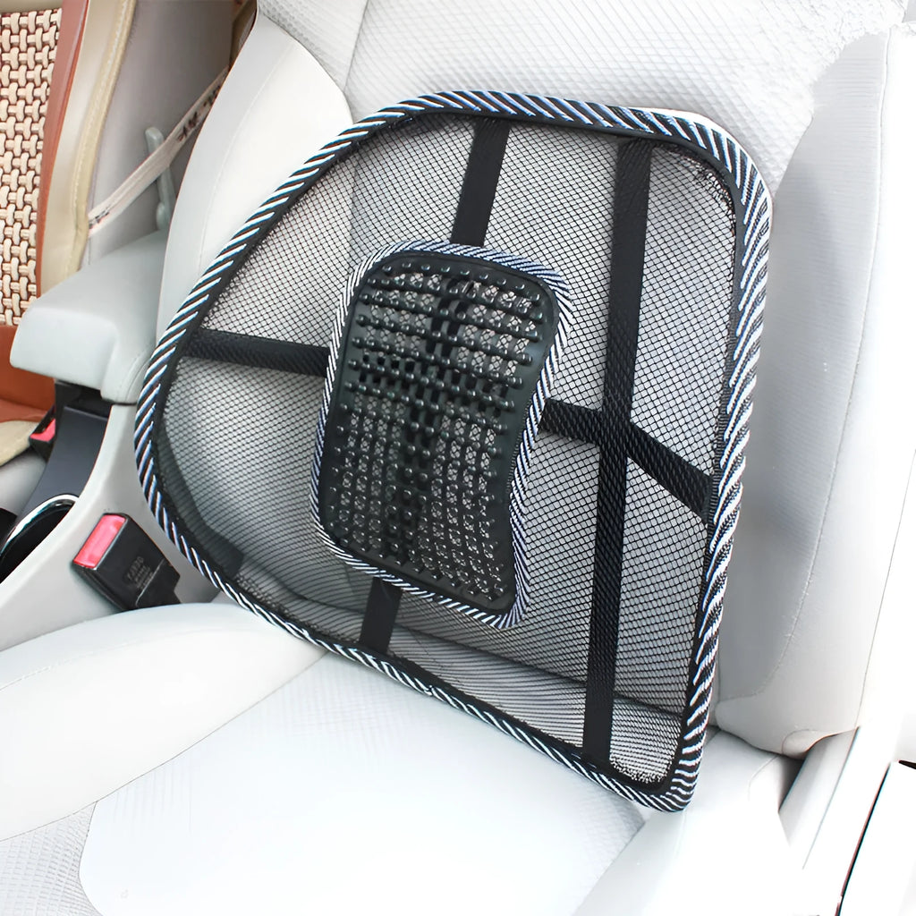 Black polypropylene fibre car lumbar support pillow measuring 41 by 39 centimetres