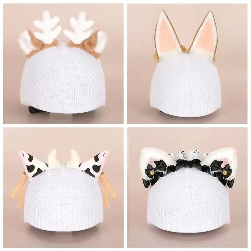 Plush cartoon hat decoration designed to attach to a ski helmet for personalisation