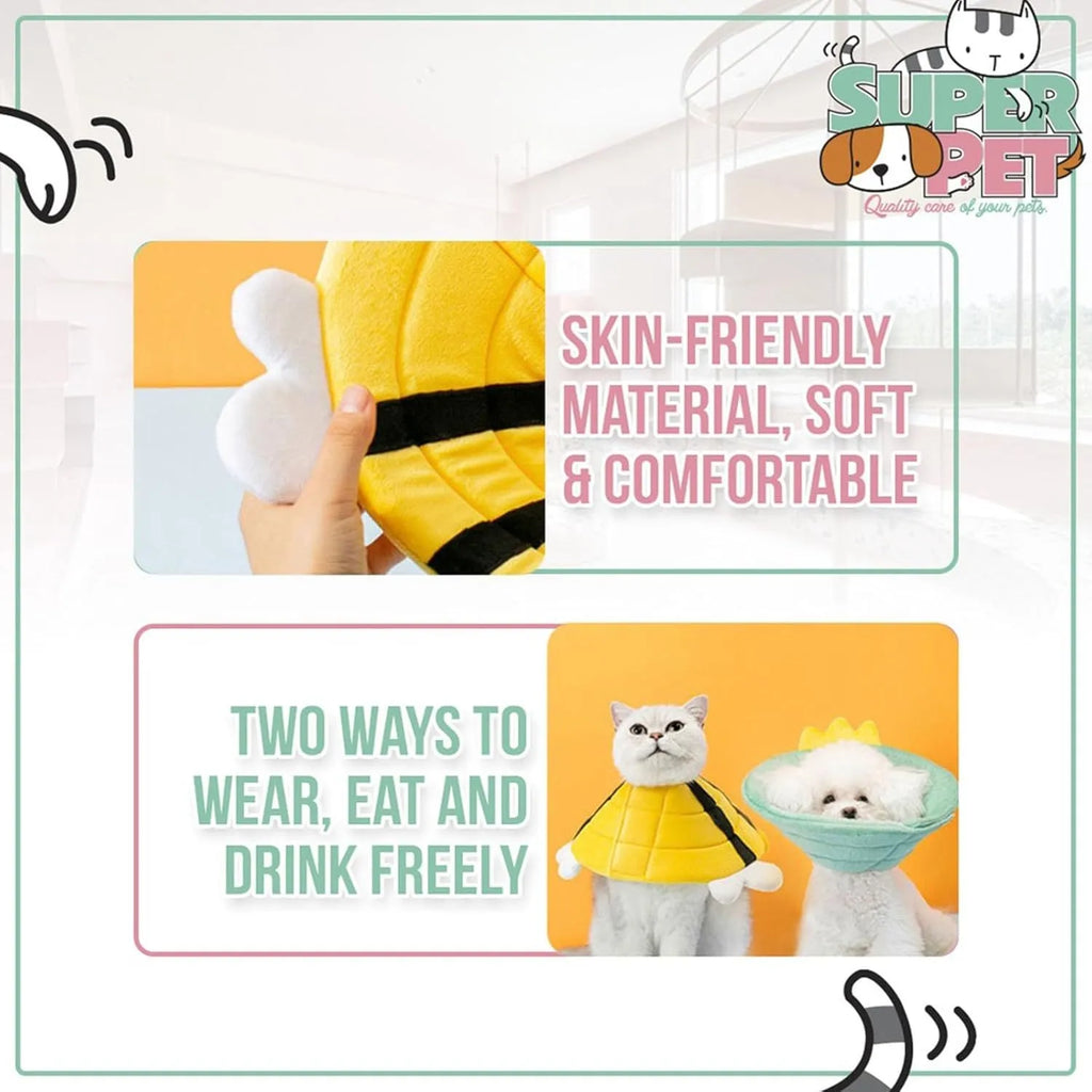 Soft cat cone collar with black and yellow bee design and adjustable Velcro strap.