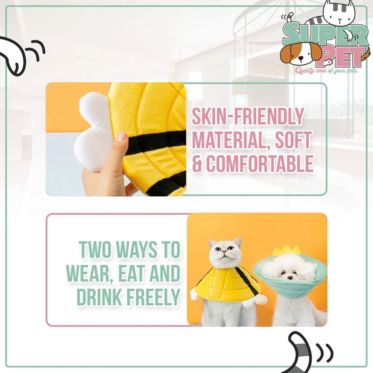 Soft cat cone collar with black and yellow bee design and adjustable Velcro strap.