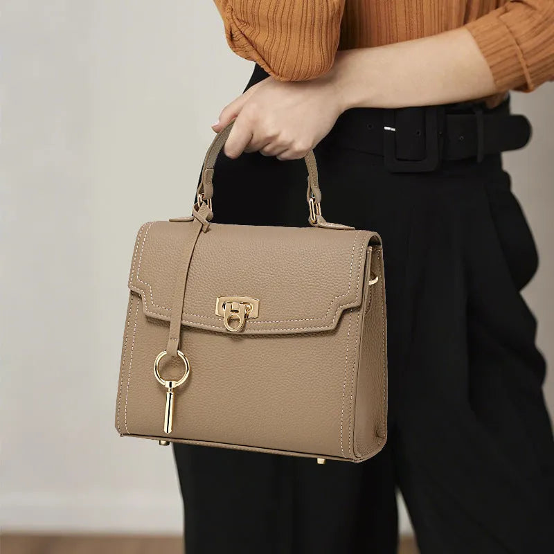 Elephant grey genuine leather vintage lock crossbody handbag with litchi pattern and file compartment