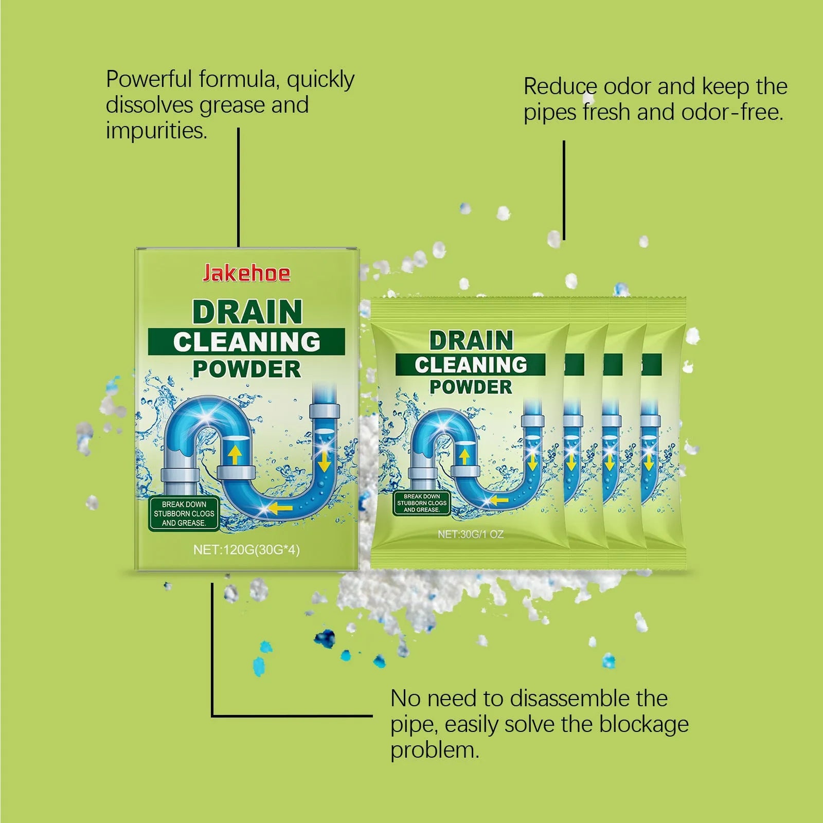 120g bottle of drain cleaning powder for sinks and showers.