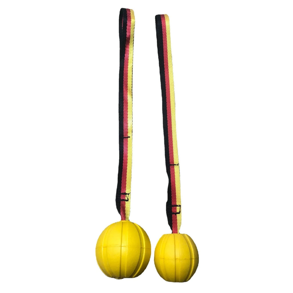 Floating EVA water training ball for dogs in camouflage and yellow colours showing different size options