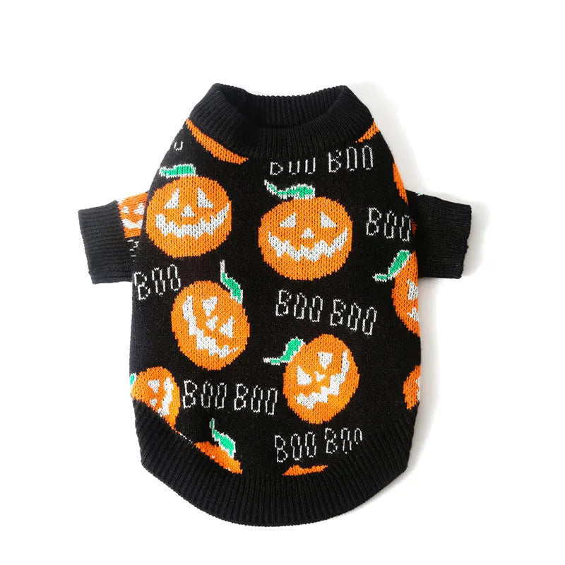Black polyester dog sweater with orange pumpkin pattern for Halloween, available in multiple sizes