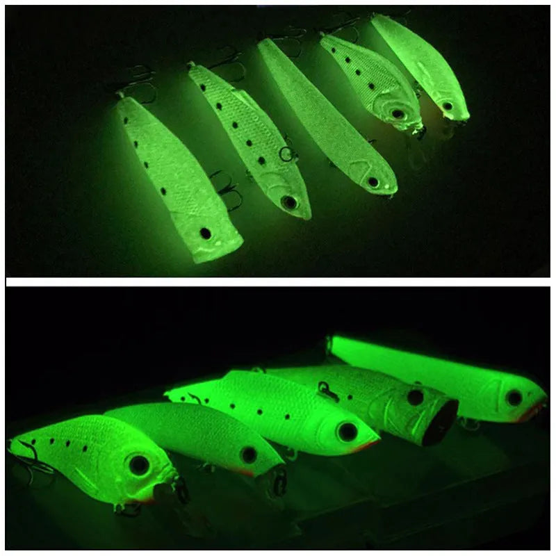 Five 3D fluorescent hard fishing baits with luminous simulation designs in a set