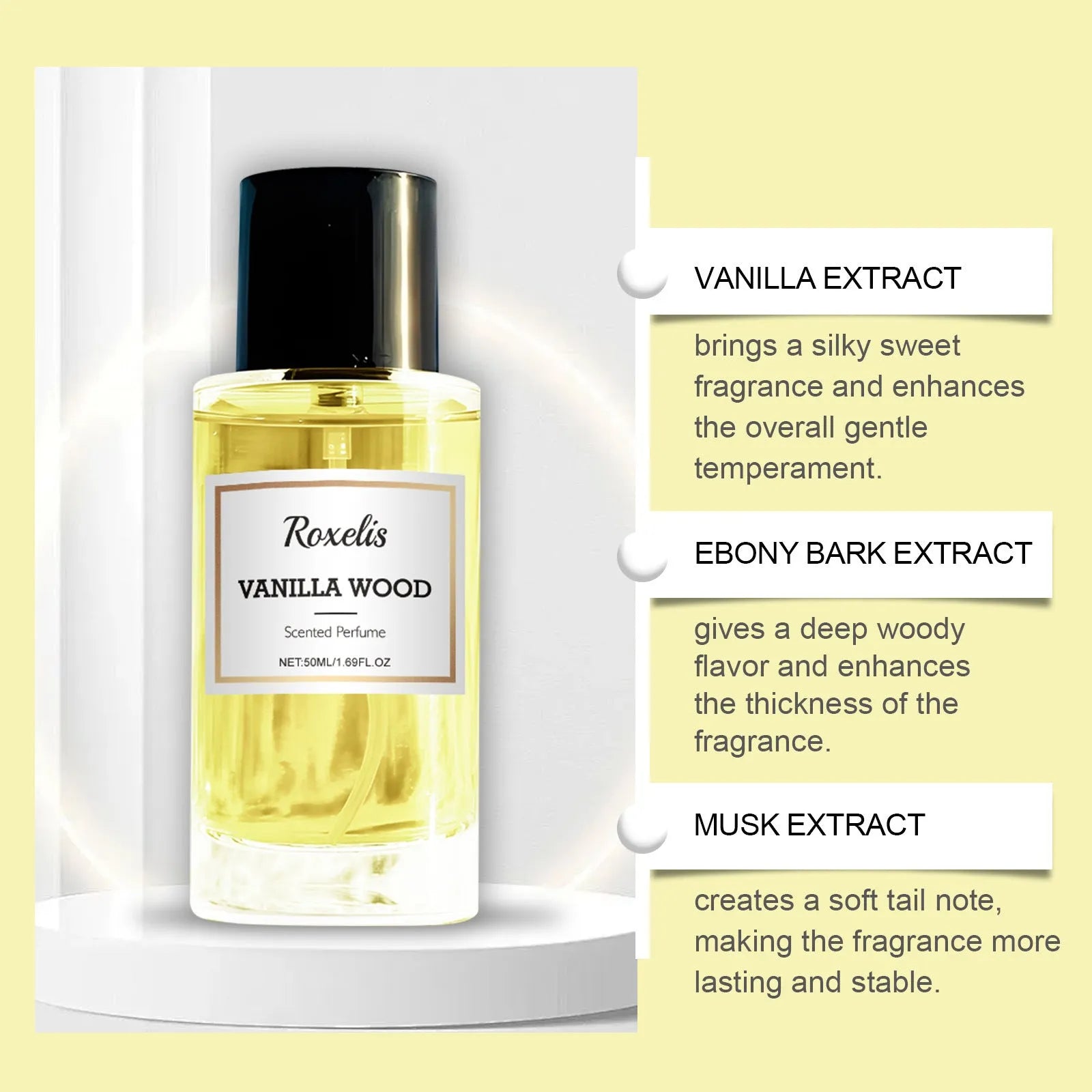 50ml perfume bottle with vanilla and musk fragrance for women and men
