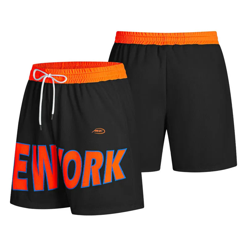 Printed lettered casual men's breathable shorts in black, straight leg, Korean style polyester film fiber