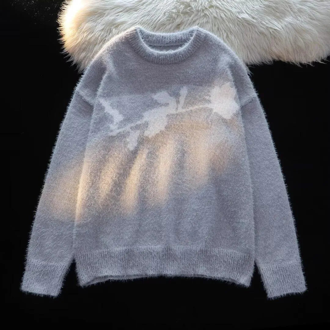 Men's dark rose flocking horse pullover sweater in cotton blend, black colour, long sleeves