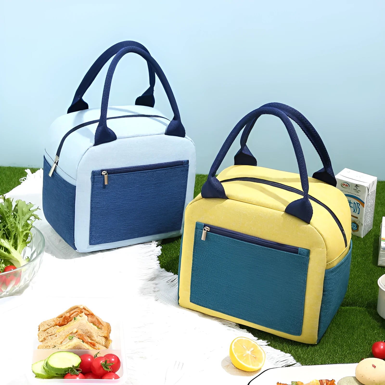 Oxford cloth insulated lunch bag with aluminium foil lining, colour matching options, blue, pink, green beige, yellow green, modern simplicity
