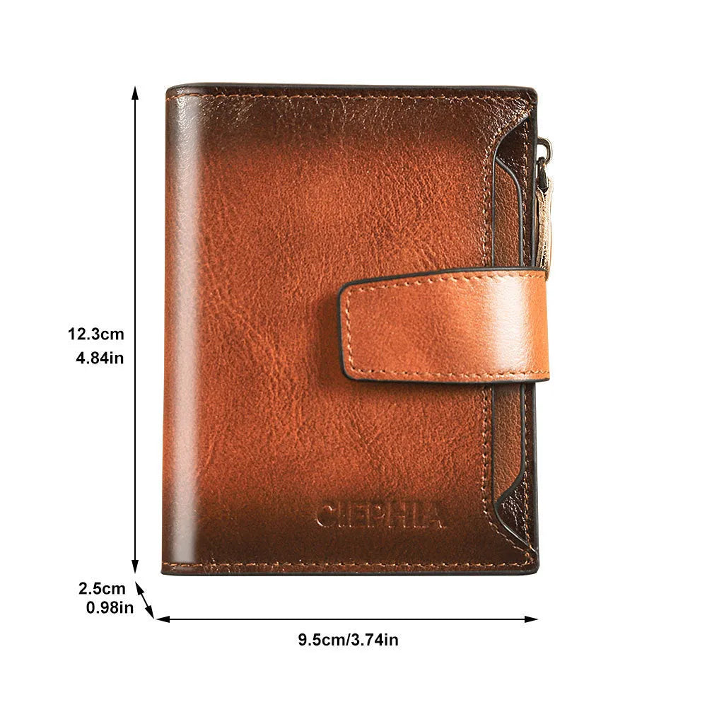 Men's genuine leather wallet in brown with retro stitching, zippered coin purse, and two-fold design