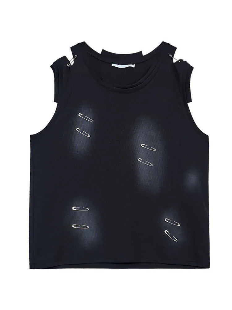 Black men's sleeveless vest with ripped irregular cut design and round neck collar.