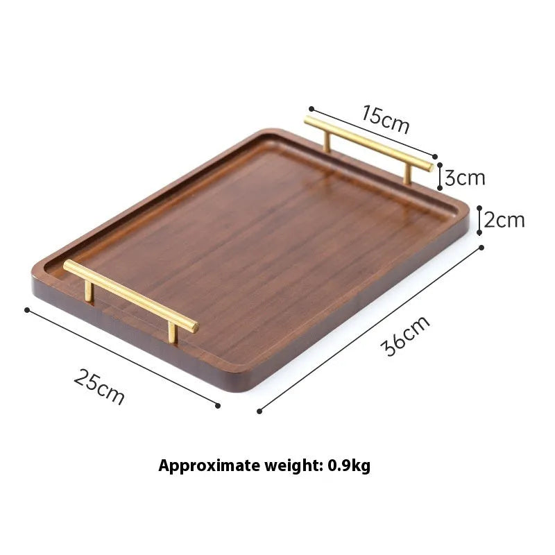 Brown-handle bamboo square serving tray on a table