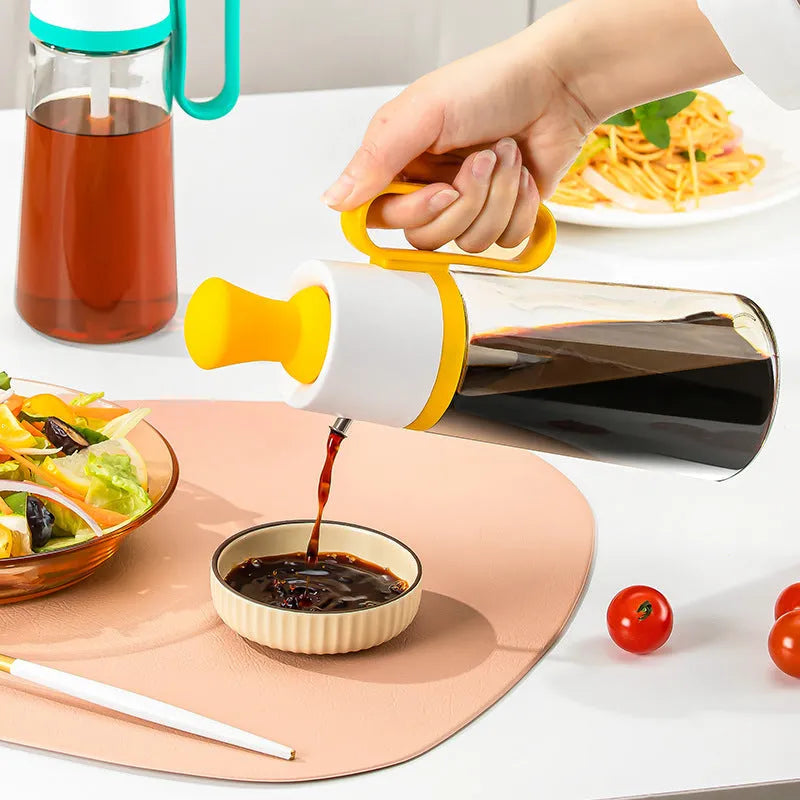 2-in-1 oil dispenser with silicone brush head and 304 stainless steel nozzle, 550ml glass bottle in yellow