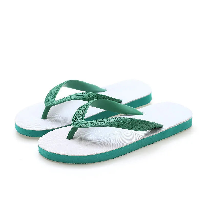 Men's rubber flip-flops with fish label design in black, blue, green, or red, showing non-slip sole.