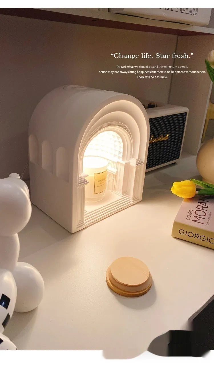 Retro Nordic gypsum candle lamp in white with timing dimming function and aromatherapy candle on bedside table