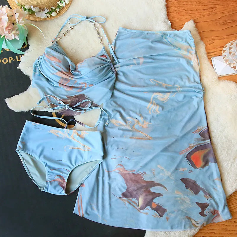 Blue printed women's three-piece bikini set with steel bracket push-up top and matching skirt
