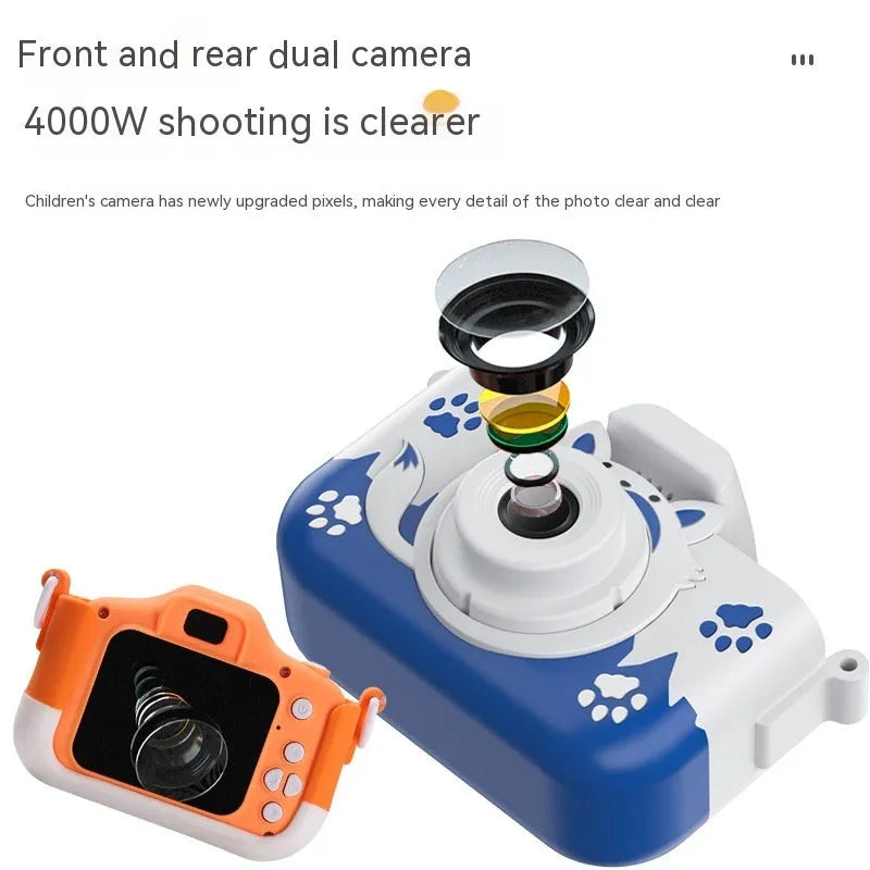 Children's HD digital camera in orange or blue with photo sticker and game functions