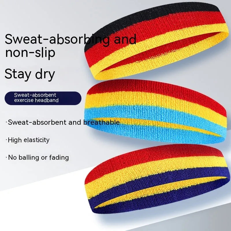 Colourful sports headband for adults in red, yellow, and blue, shown on a head during exercise.