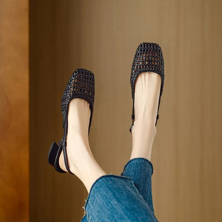 Women's woven hollow-out sandals with chunky heel and square toe in black microfibre