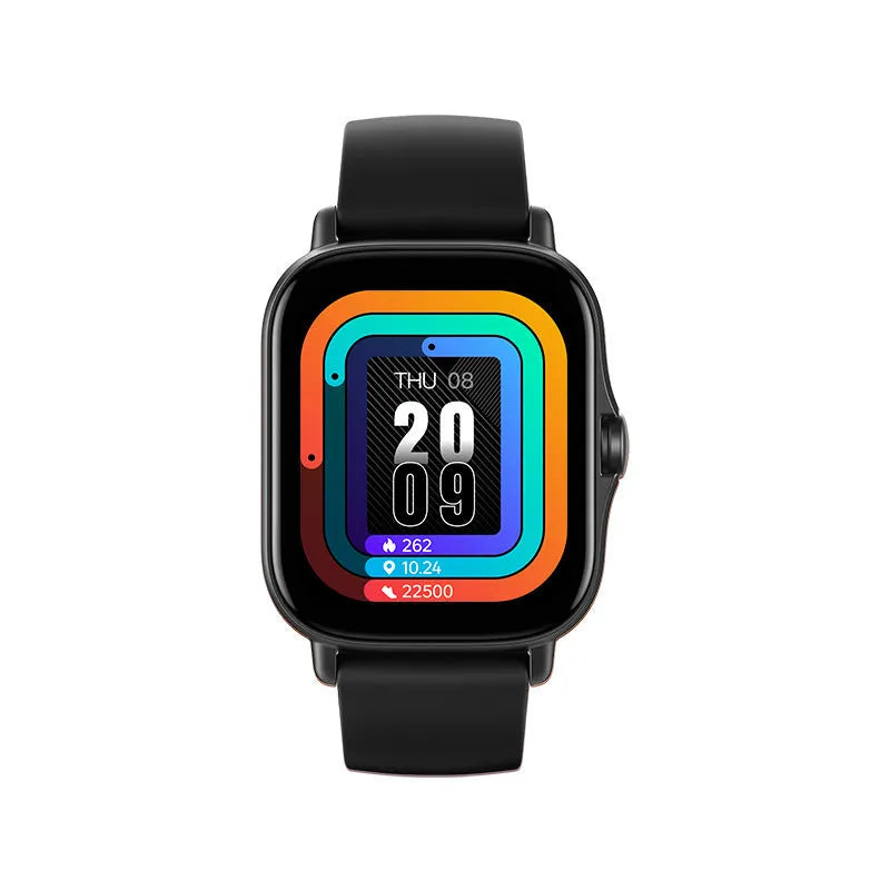 GT20 black alloy smartwatch with silicone strap on wrist, showing heart rate tracking on screen