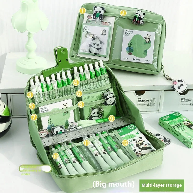 Green 12-layer canvas pencil case with layered storage compartments for pens and pencils, Korean style