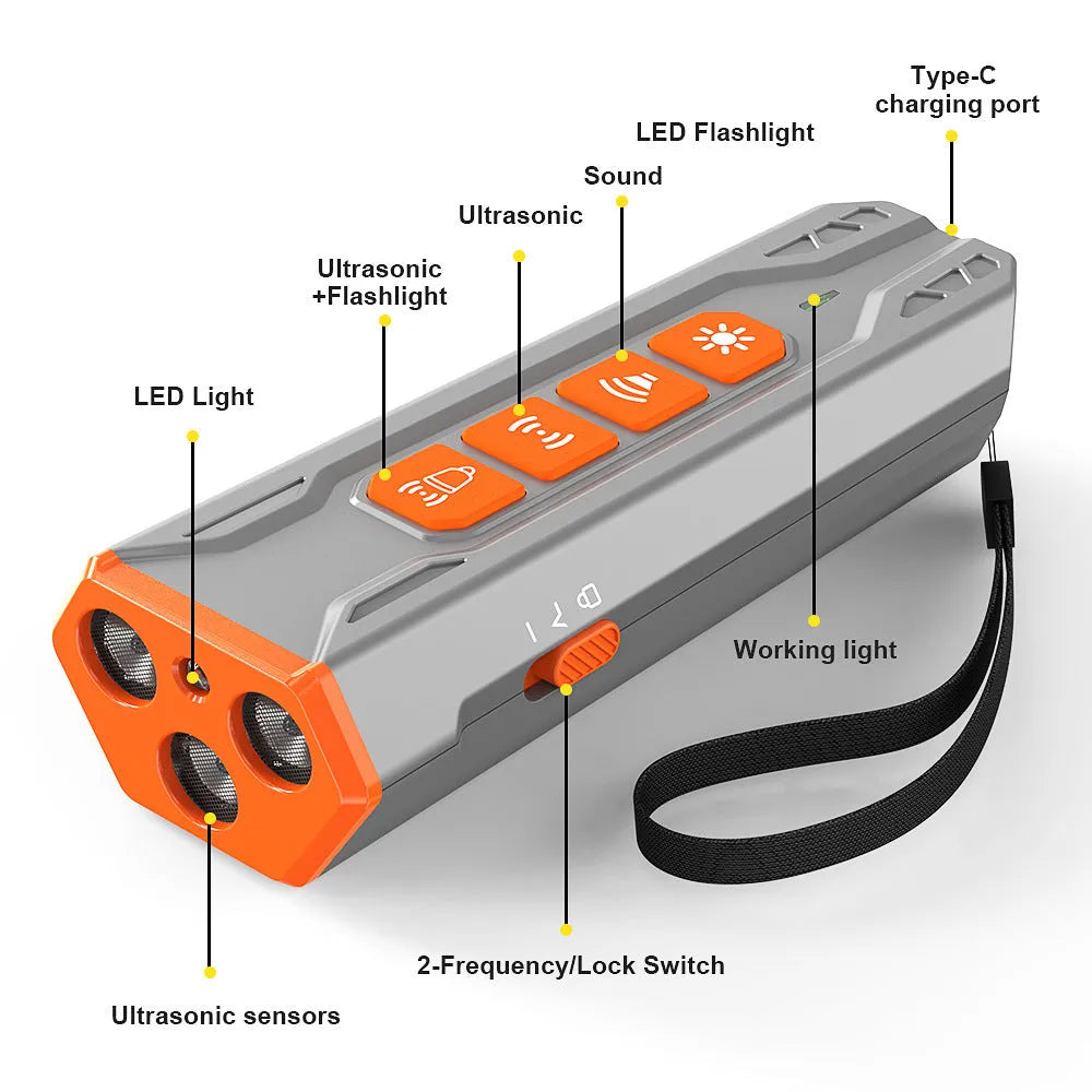 Three head ultrasonic dog trainer remote in grey and orange colours