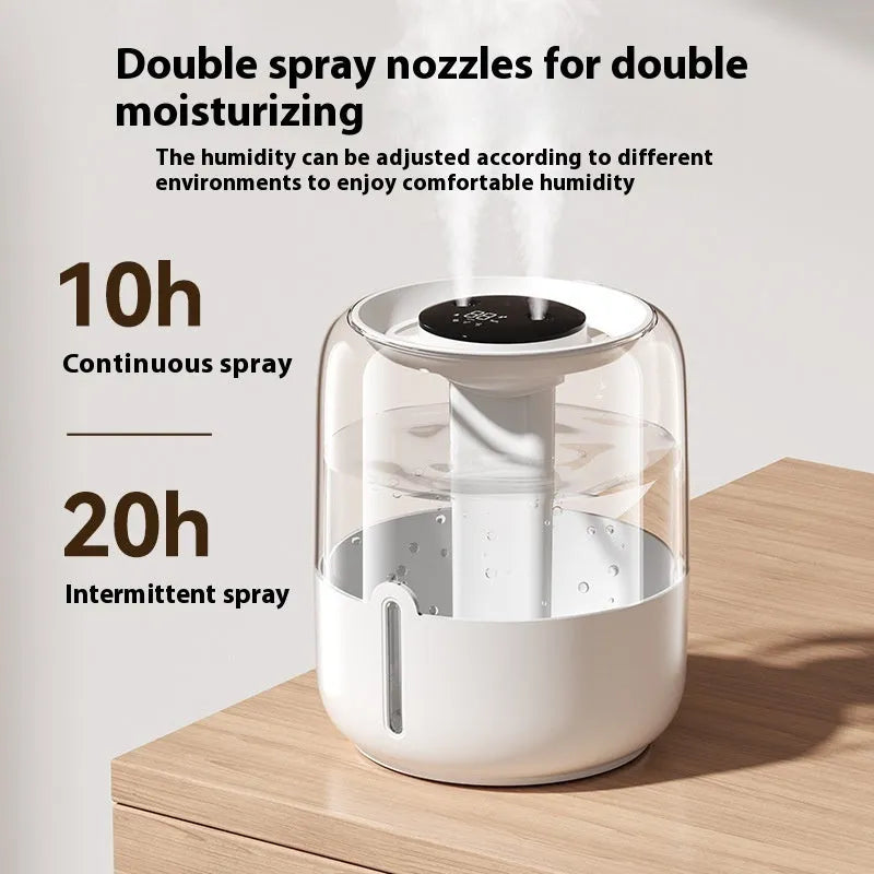 Beige round USB humidifier with dual spray nozzles and a front humidity display panel.