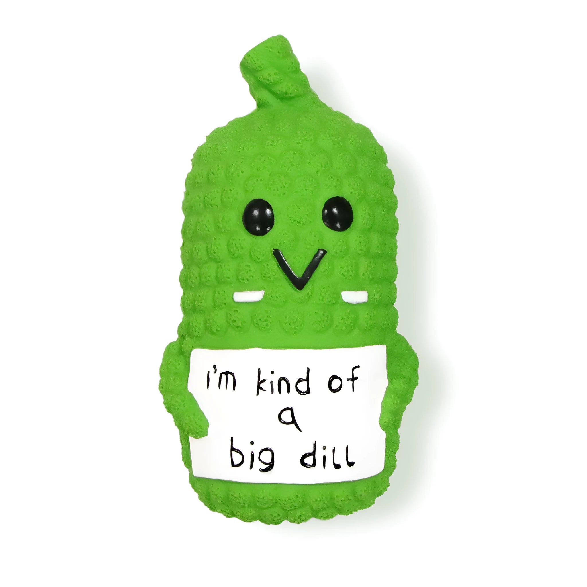 Green pickle-shaped latex dog toy with textured nubs and a squeaker inside.