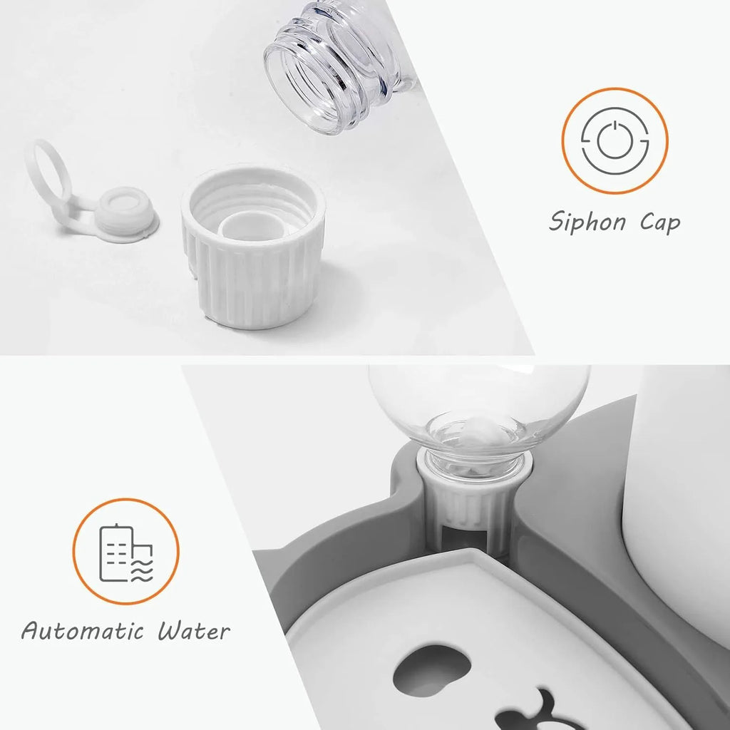 Grey panda-shaped elevated pet bowl set with automatic water dispenser and tilted stainless steel food bowl