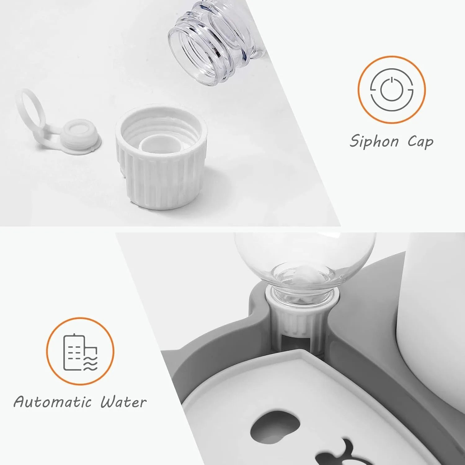 Grey panda-shaped elevated pet bowl set with automatic water dispenser and tilted stainless steel food bowl