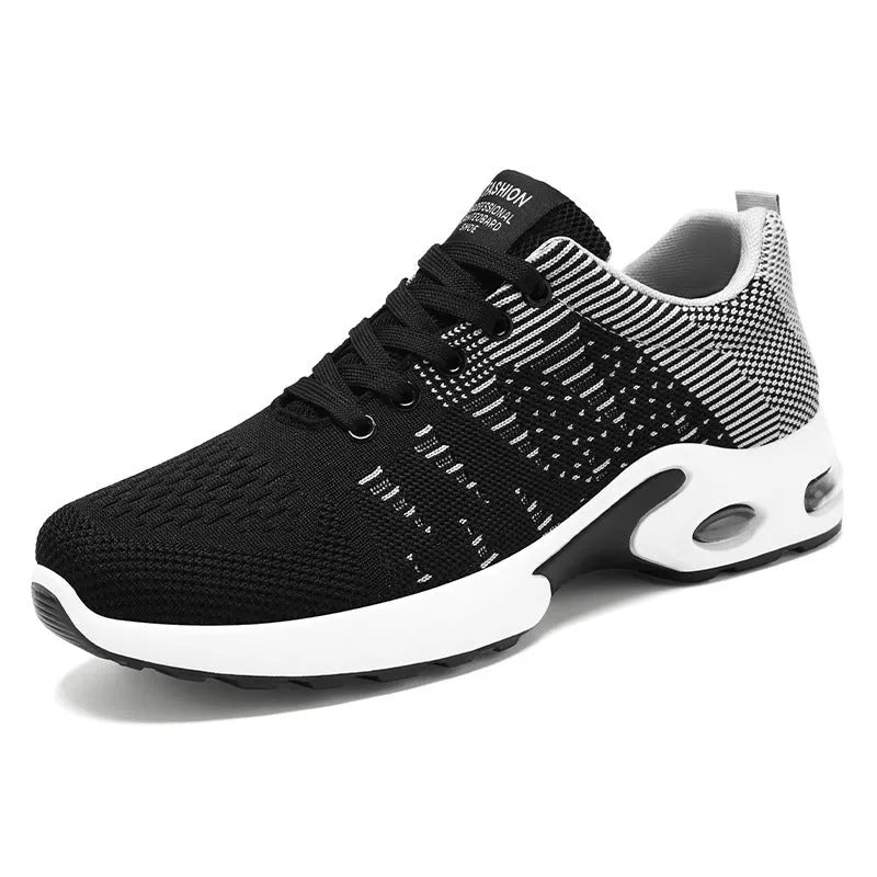 Men's flyknit mesh breathable lace-up casual sneakers low top round toe soft sole flat heel black and grey